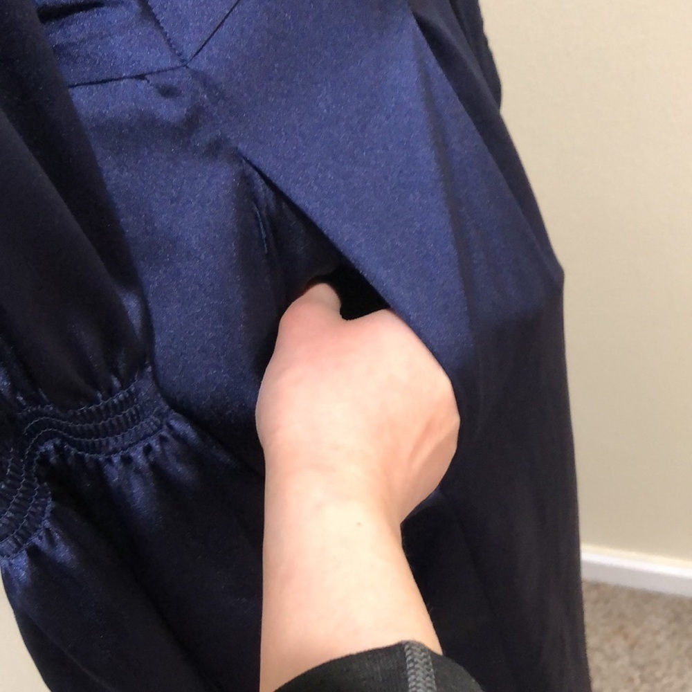 Three Floor Brigitte Jumpsuit Size US 6 Small Navy Blue Satin Ruffle Bell Sleeve - Picture 3 of 11